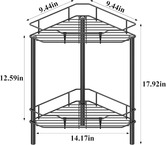 HuggieGems 2 Tier Floor Standing Corner Shower Caddy Organizer Shelf with Hooks, Bathroom Shelves Stand Rack, Black