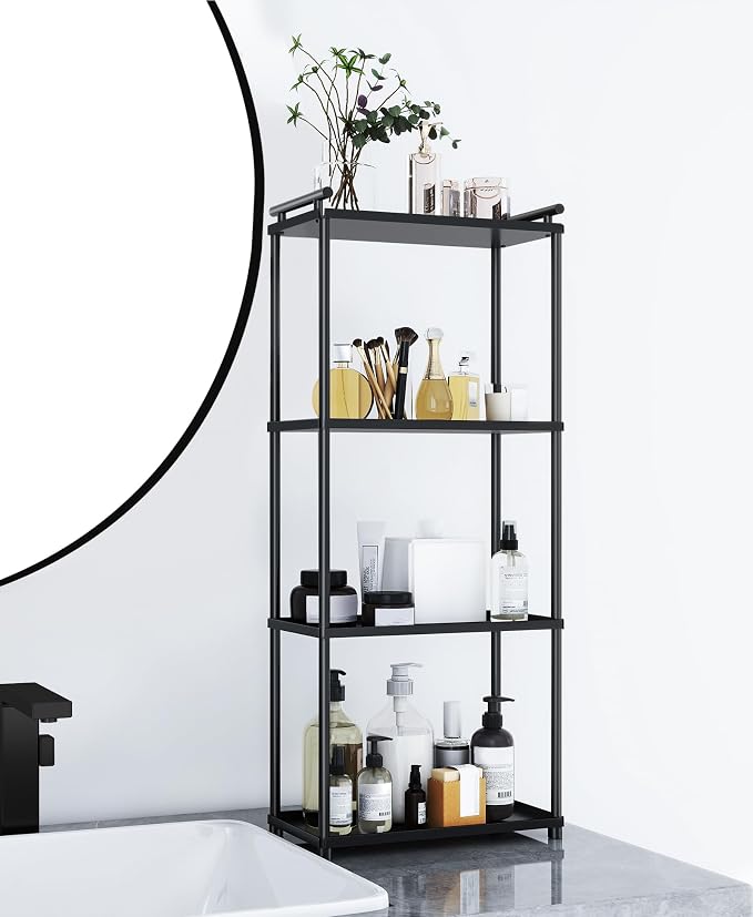 VOTZAAQ Matte Black 4 Tier Bathroom Organizer Countertop, Stainless Steel Perfume Tray and Vanity Countertop Shelf, Makeup Skin Care Bathroom Organizers and Storage for Dresser, Kitchen