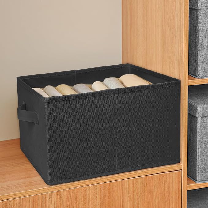 JAKAGO Fabric Storage Bins set of 4 Rectangle Storage Baskets with Handle Foldable Closet Organizer for Clothes Towel bedding Books Collapsible Clothing Container for Shelves Bedroom(Black High)