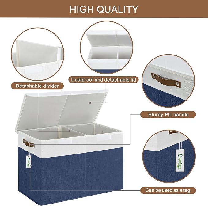 Bagnizer Large Toy Storage Box with Lids, Collapsible Sturdy Baby Storage Organizer Chest Bin Basket for Kids, Boys, Girls, Playroom, Nursery, Bedroom, Closet 25"x13"x16" (Navy Blue and White)