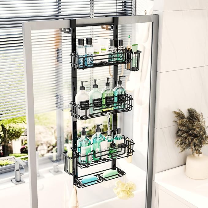 HapiRm Over the Door Shower Caddy - 4-Tier Hanging Shower Organizer with 22 Hooks and 2 Toothbrush Holders, No Drilling Adjustable Hanging Shelves for Bathroom - Black