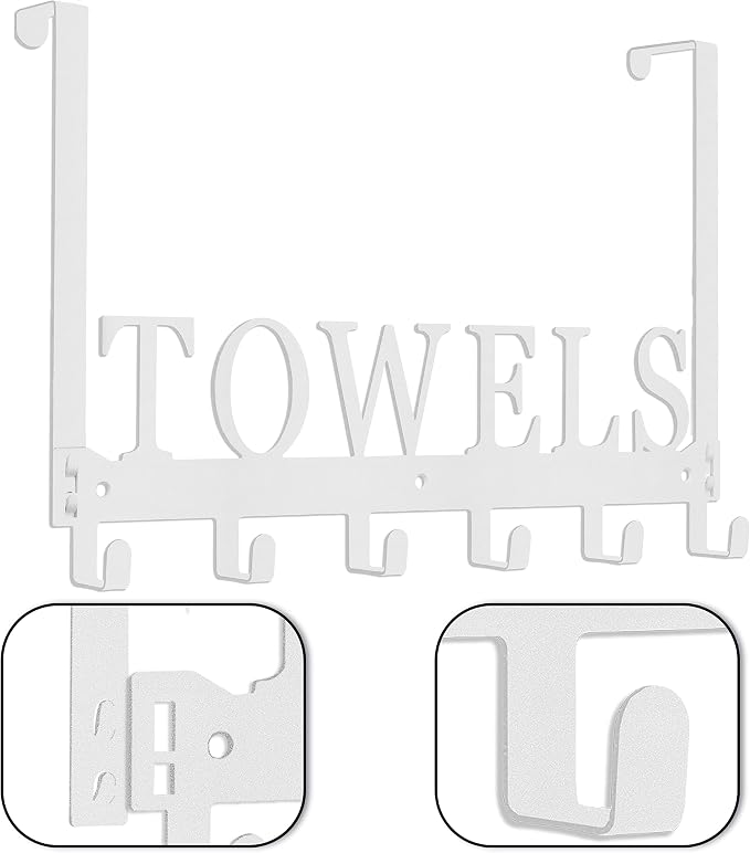 Over The Door Rack, Towel Hooks for Bathroom, Bath Towel Holder Door Mount Metal Towel Hanger for Bedroom Kitchen Pool Beach Towels Bathrobe Wall Mount Towel Rack for Bathrooms (6 Hooks, White)