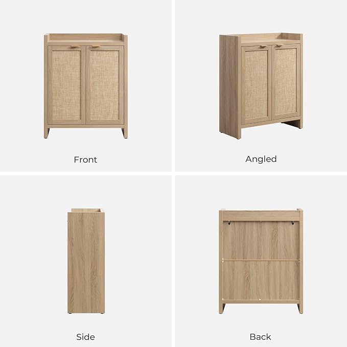 SICOTAS Shoe Cabinet Set of 3 Large Capacity Shoe Storage Organizer Cabinet | Tall Rattan Shoe Cabinet with Doors and Shelves, 6-Tier Farmhouse Boho Wooden Storage Cabinet for Entryway, Light Oak