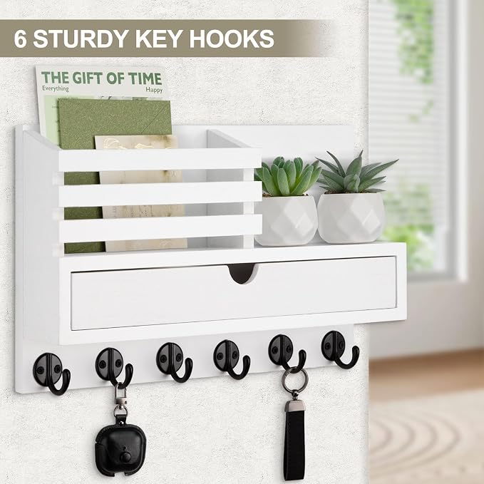 Key Holder Wall Mount, Mail Holder with Storage Drawer and 6 Key Hooks for Coat, Dog Leash, Home Decor Rack, House Accessories, Entry Way Organizer