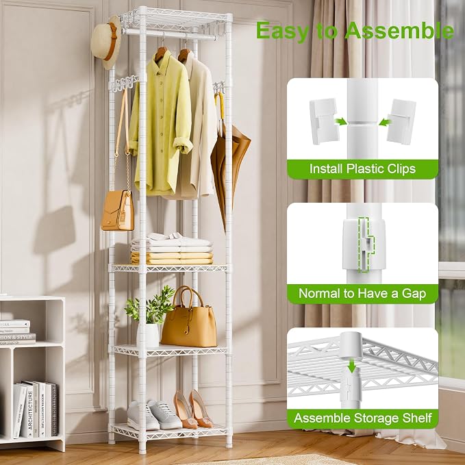 R1 Heavy Duty Clothes Rack with Storage Shelves, 448 Lbs Load, White | Heavy-duty freestanding clothes rack supports up to 448 lbs for hanging garments and daily supplies