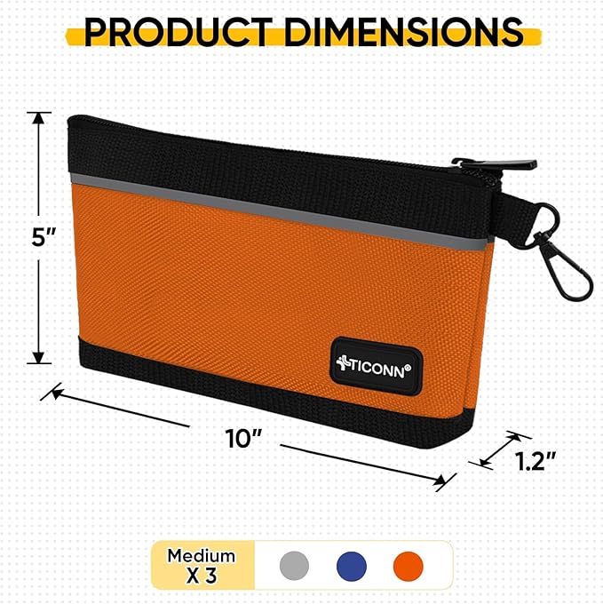 TICONN Tool Pouches with Zipper, 1680D Oxford Small Tool Bags, Waterproof Utility Bag Zipper Pouch for Tool Organizers and Storage (3 Pack Medium)