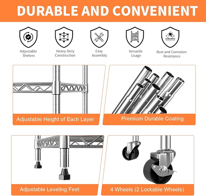 5 Tier Shelving Unit,Wire Shelving with Lockable Wheels,Chrome | 30"Wx14"Dx62"H,Metal Shelf Rack,Height Adjustable Wire Rack Storage Shelving Stand for Kitchen,PantryGarage,Office,Laundry