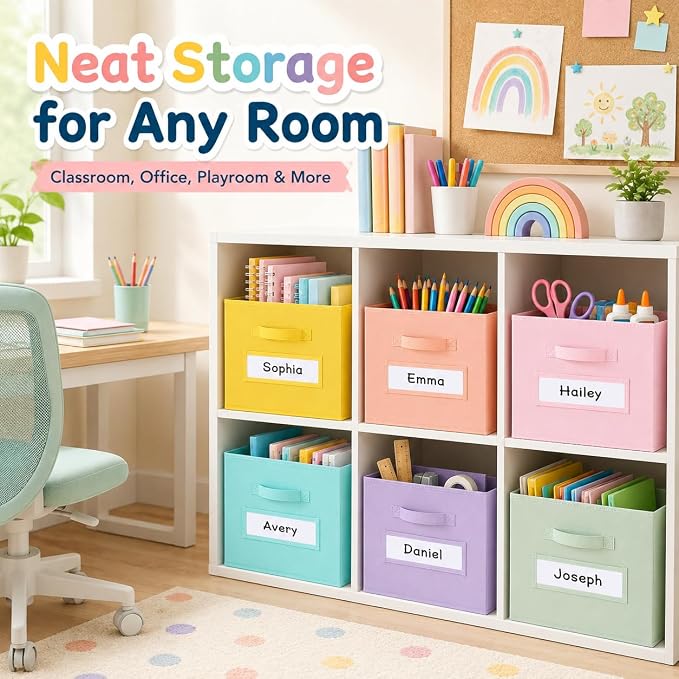 clothmile 6 Pack 11 Inch Fabric Storage Cubes with Label Windows | Collapsible fabric bins fold flat and include handles with sturdy base inserts for shelves closets classrooms and playrooms