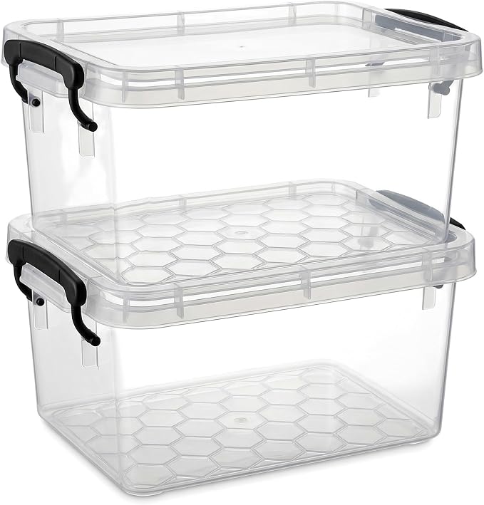 2 Pack 2 QT Plastic Storage Bins with Lids | Clear Stackable Bins with Secure Latches and Handles Heavy-Duty Storage Containers For Home Office and Garage Organization