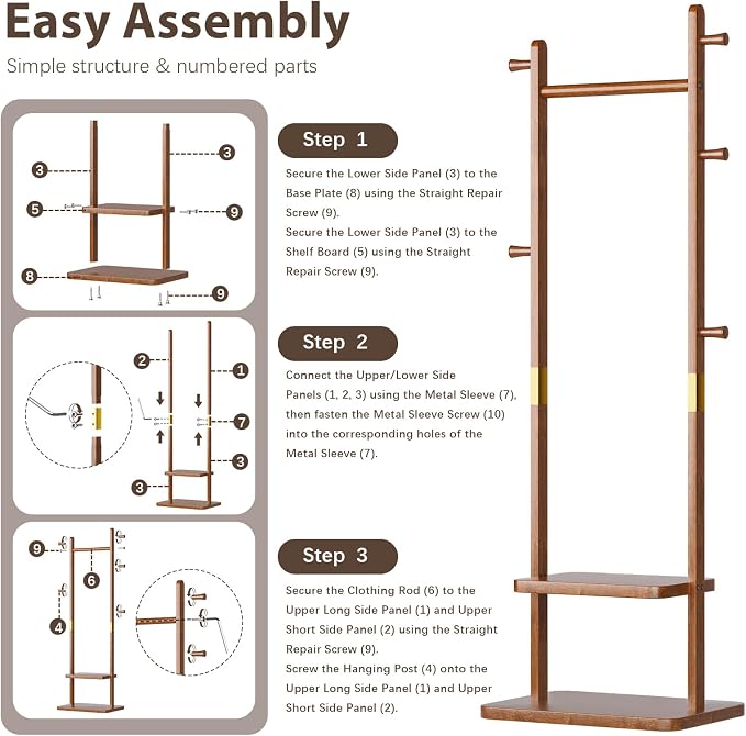 Solid Wood Coat Rack, Freestanding Clothing Rack with 2 Shelves Storage & 5 Hooks, Heavy Duty Clothes Rack Stand for Hall, Bedroom, Living Room