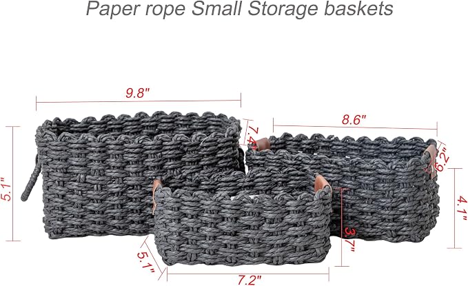 Paper rope Small Storage baskets for Organizing,Cute woven Little basket for Home,Shelves, Bathroom,Decorative basket,Set of 3 (Black)