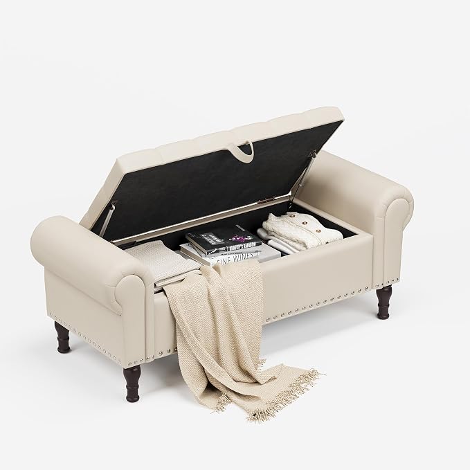 YOUDENOVA Ottoman with Storage, 51" End of Bed Bench with Rolled Arms, Upholstered Storage Bench with Vintage Rivets for Bedroom, Living Room, Entryway, Beige+Brown Legs