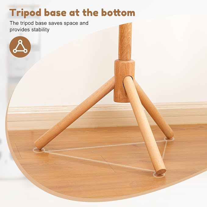 Cozivolife Kid's Coat Rack Stand: Height Adjustable with 9 Hooks (Natural) | Beech Wood Coats Tree for Cloth Hats and Handbags - Freestanding Child Clothes Racks for Hallway Entryway Bedroom