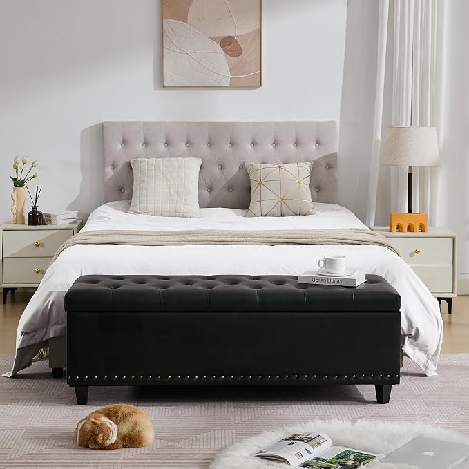 Tbfit Long Ottoman with Storage, 50.8" Faux Leather End of Bed Bench with Safety Hinge&Rivets, Entryway Benches Large Storage Ottoman Bench for Bedroom, Living Room, Holds up to 660 lb(Black)