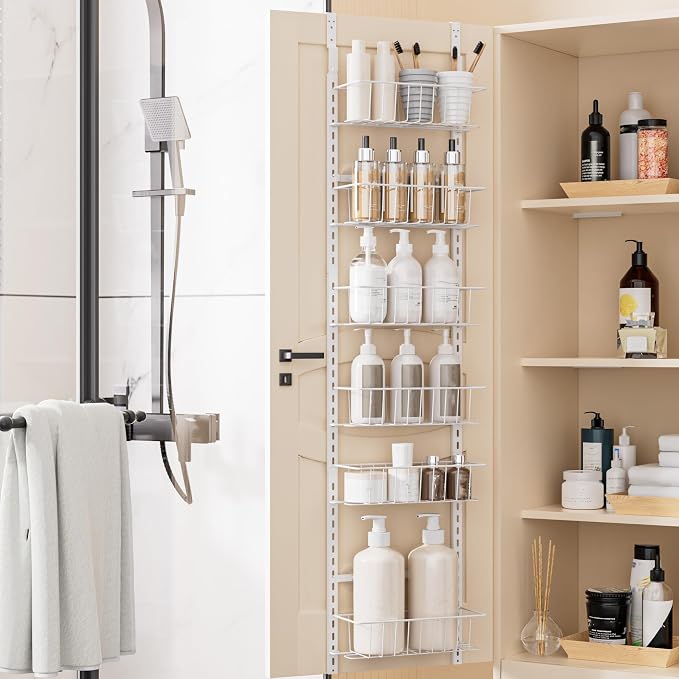 Delamu Pantry Door Organizer, Adjustable Metal Over the Door Pantry Organizer Rack, 6-Tier Over the Door Spice Rack, Kitchen Pantry Door Organizers and Storage, D5 W12 H52.1 inch, White, Small