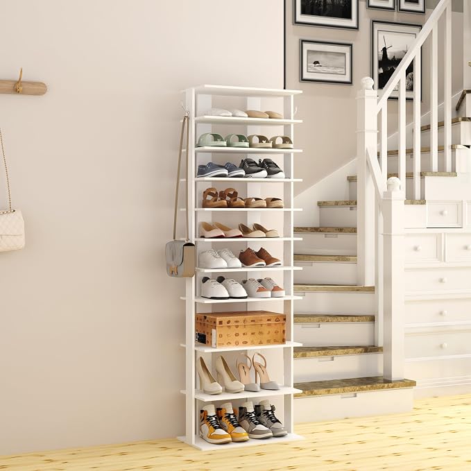HOMEFORT 10-Tier Corner Shoe Tower - Double Rows, Slim Shoe Stand for 20 Pairs - Entryway, Hallway, Closet (White)