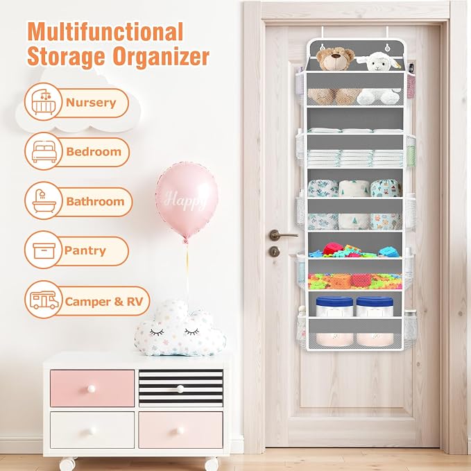 Over The Door Organizer Storage Large Capacity Hanging Bedroom Storage | 5 Shelves, 40 LB Capacity, Foldable Mesh Design, Clear Window, Sturdy, Large Storage Organizer for Nursery, Pantry & Closet
