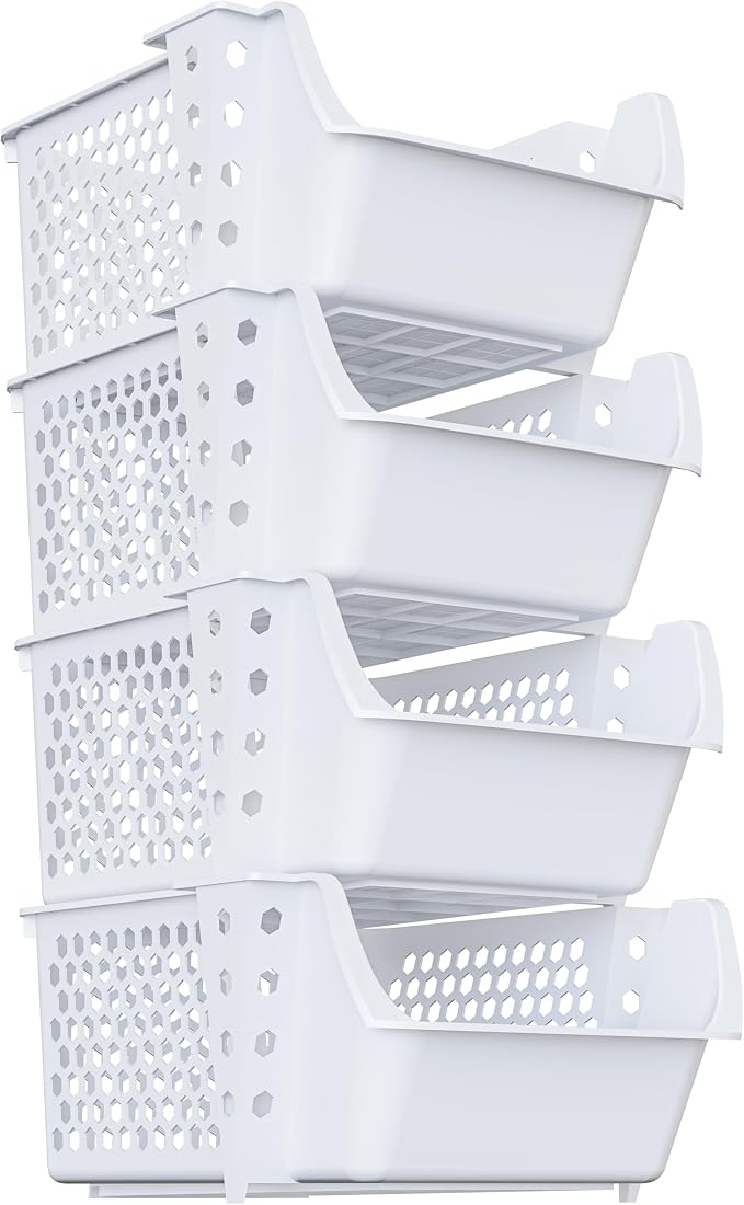 Skywin Stackable Storage Bins Open Front for Pantry Storage, 4 Pack - White | Sturdy Plastic, Easy Stacking, Breathable & Open Front Design, Pantry Storage for Snacks, Toiletries, and Small Essentials