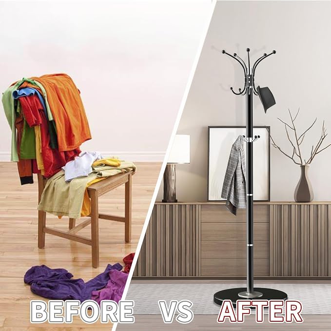 OIRUMIE Coat Rack,360°Rotary Coat Rack Stand,Coat Hanger Stand for Entryway | Metal Coat Rack Freestanding with Natural Marble Base & 14 Hooks,Black Modern Coat Stand, Clothes Hall Stand for Hallway