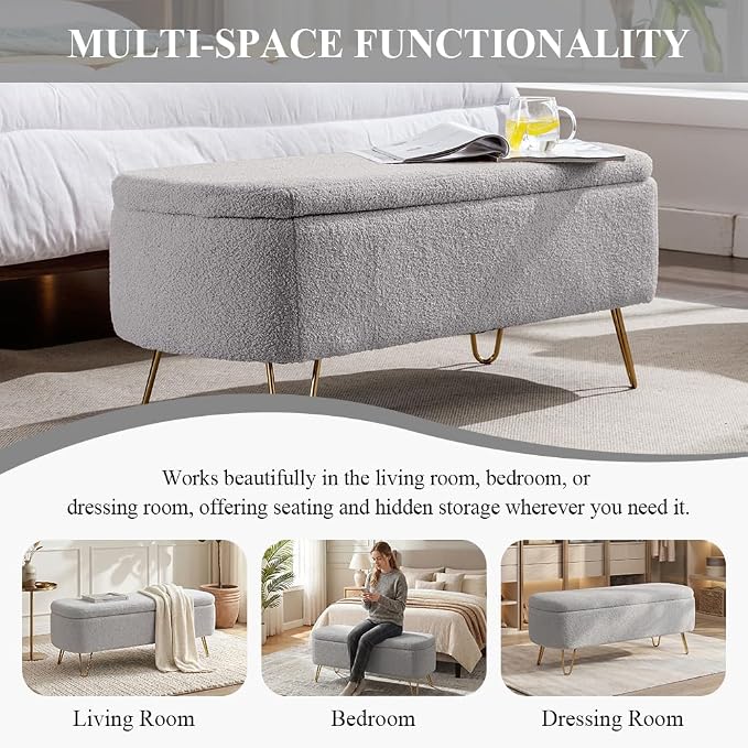 Modern Storage Ottoman Bench, Teddy Upholstered Entryway Bench with Gold Legs, Vintage End of Bed Bench with Safety Hinge, Padded Bench with Storage for Living Room, Bedroom, Entryway(Grey)