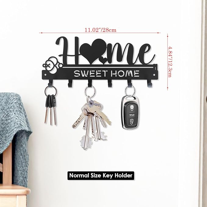 “Home Sweet Home”Key Holder wall Mount(Normal Size:11.02x4.84inches) | Simple Metal Decorative Key Hooks Rack for Entryway Front Door Hallway Garage Office