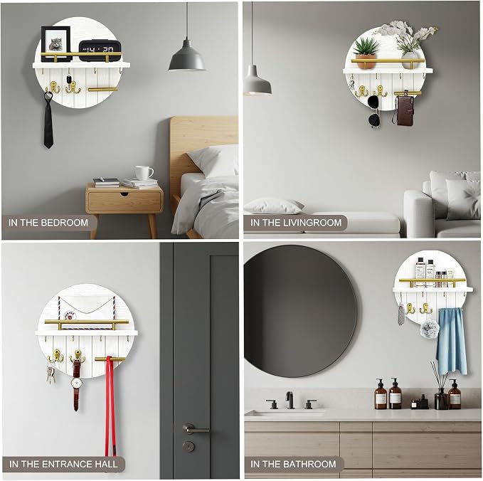 Round Wooden Key Holder Wall Mount with Shelf & 8 Key Hooks for Entryway | White Wood Key Holder, Top Shelf with Metal Guard Rail, Boho & Modern Farmhouse Entryway Decor for Home Apartment