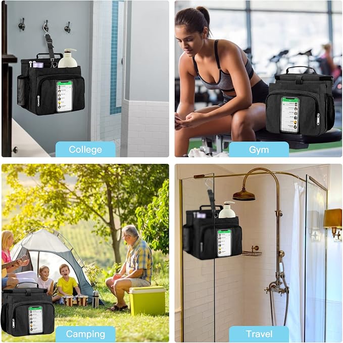 Bukere Portable Shower Caddy Tote Bag for College Dorm Travel, Separate Compartment, Large Capacity, Quick Dry Mesh Base, Hanging Toiletry Bath Bag for Student, Gym, Camp, Women Men (BLACK&BLACK)