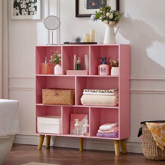 LEYAOYAO 8 Cube Bookshelf,Mid-Century Modern Bookcase with Legs,Light Pink | 3 Tier Book Shelf,Rustic Wood Bookshelves Freestanding Large Storage Organizer, Open Shelves for Bedroom, Living Room, Office