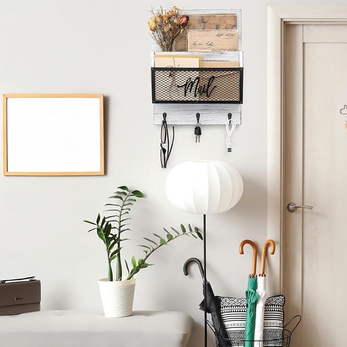 Yalikop Farmhouse Mail Organizer Wall Mounted Rustic Mail Holder Hanging Key Sorter with 3 Hooks Indoor Wooden Wall Mounted, Letter, Magazines, Newspapers, Keys(Classics,White Gray)