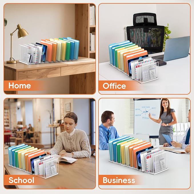 File Organizer For Desk, 11 Section Metal Desk File Sorter, White | Desk file organizer, connectable 11 section design, 2.17 in spacing, vertical folder storage for home office and classroom