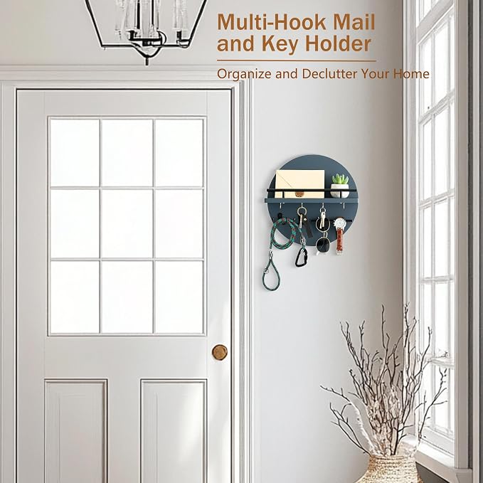 dreampossible Key Holder for Wall Decorative with Shelf and Hooks, Mail Organizer Wall Mount with Sunglasses Holder, Circular Design Entryway Key Rack Hanger, Rustic Home Decor