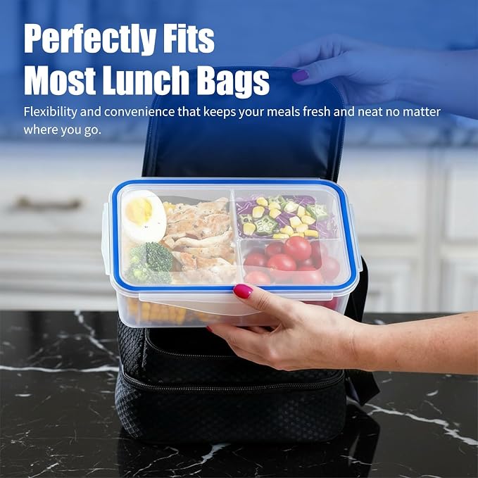 KIGI Food Storage Containers for Meal Prep & Lunch, 4.7 Cup 3 Pack 12-Piece | Leak-Proof & Airtight, Removable Inner Inserts for Adjustable 2-3 Compartment storage, Microwave Safe, BPA-free Plastic