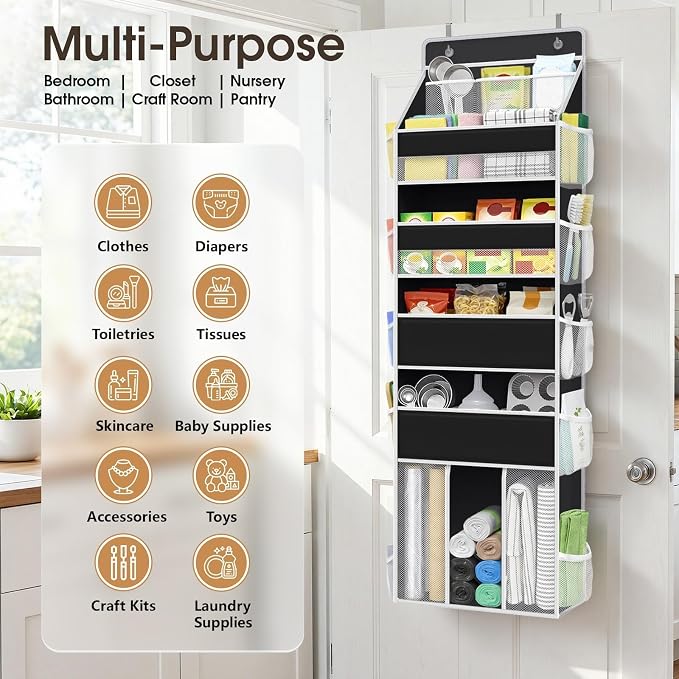 WISELIFE 5-Tier Over the Door Organizer for Nursery Hanging, Black | Multi-Pocket Back of Door Baby Organizer for Diapers, Clothes & Nursery Essentials, Heavy-Duty Large Capacity, 50 Lb Capacity