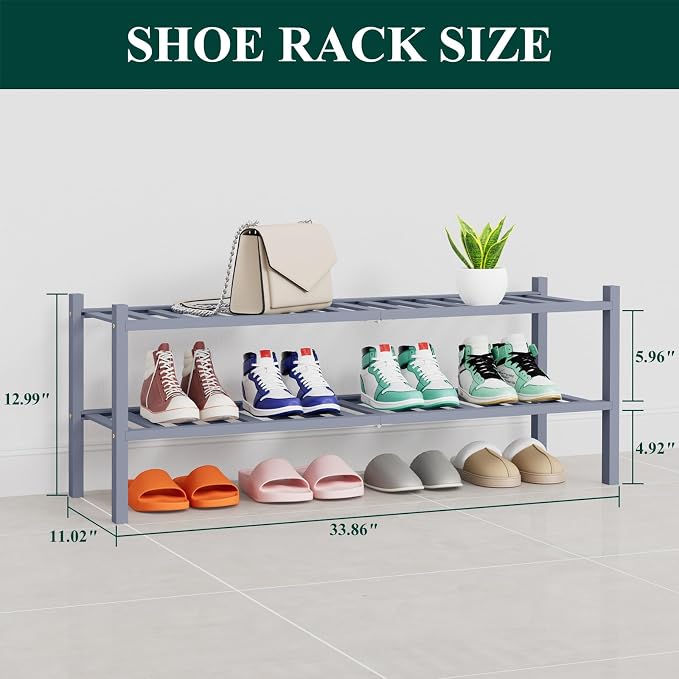 Smiry Bamboo Shoe Rack, 14 Vertical Slats, 2 Tier - 33.7" Wide, Grey | Stackable Free Standing Wooden Shoe Organizer, Wood Shoe Storage Shelf for Closet, Entryway, Thicher Leg