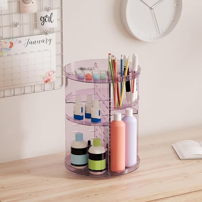 Rotating Makeup Organizer, DIY 8 Adjustable Layers Spinning Skincare Storage, Cosmetic Display Case with Brush Holder and Perfume Tray, Multi-Function Vanity Bathroom Countertop Organizer Clear Purple