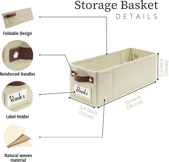 DECOMOMO Narrow Storage Bins, Small Basket with Handles (Beige, 4 Pack) | 15 x 5.9 x 5.5 inches Storage Basket, Fabric Storage Bins with Labels