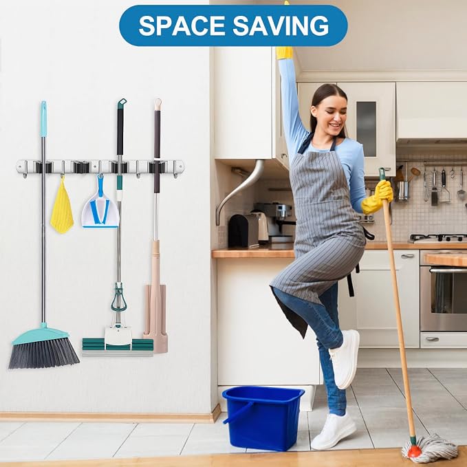IMILLET Broom Holder Wall Mount Stainless Steel Mop Organizer | 5 Racks 4 Hooks Heavy Duty Garage Organization Storage,Broom and Mop Organizer Wall Hanging Self Adhesive for Laundry Room