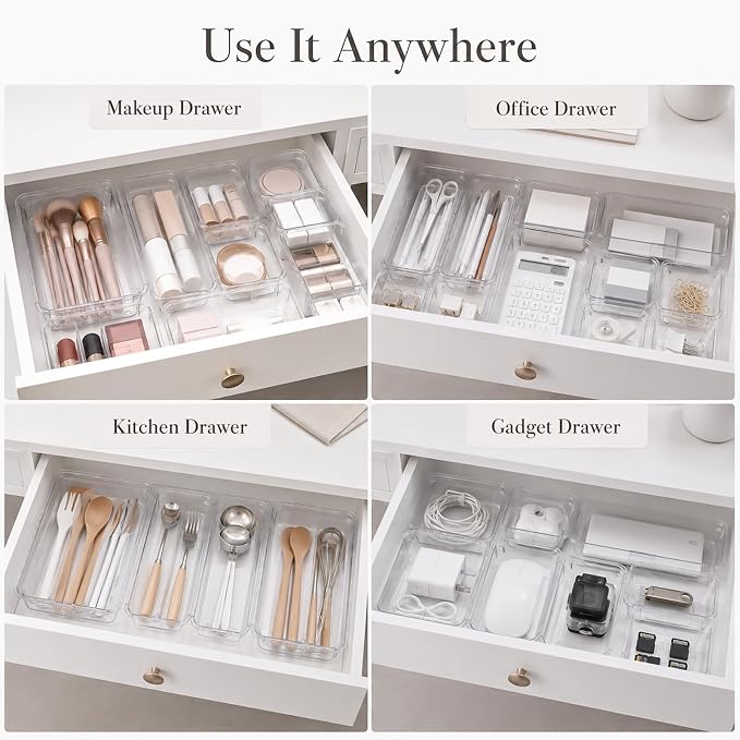 14 Pcs Extendable Clear Drawer Organizer, Adjustable Plastic Storage Bins, 3-Size Transparent Drawer Organizer Storage Tray for Makeup, Cosmetics, and Gadgets