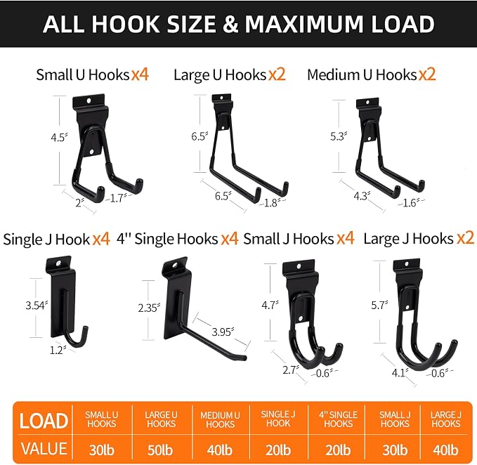 Slatwall Accessories Heavy Duty Garage Hooks Slatwall Panel Hooks Slat Wall Hanging Hook for Bike Ladder Garage Storage System Accessory Multi Size Utility (22 Hook)