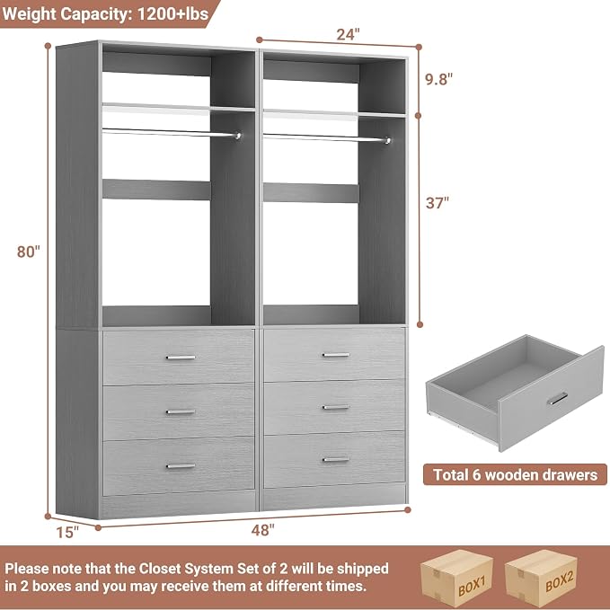 Besiost Closet System Set of 2, 4FT Closet Systems with 6 Wood Drawers, 48" Closet Organizer System with 2 Hanging Rods & 2 Shelves, Heavy Duty 48 Inch Walk-in Closet, Grey (48"L x 15" W x 80" H)