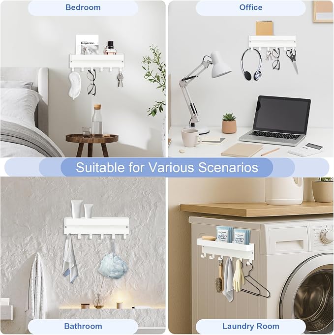 RELBRO Magnetic Key Holder for Fridge, Key Rack with Shelf, White | Metal, Built-in Magnet, Top Tray, 2 Installation Options, Matte Finish, Compact, Key Rack for Refrigerator Camper RV Entryway