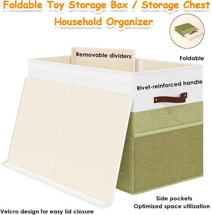 Large Toy Storage Box with Lid, Toy Chest with Divider, Foldable Organizer | PP Board Reinforced Toy Storage Box for Kids, Boys, Girls, Playroom, Nursery and Bedroom for Toys, Stuffed Animals & Blankets