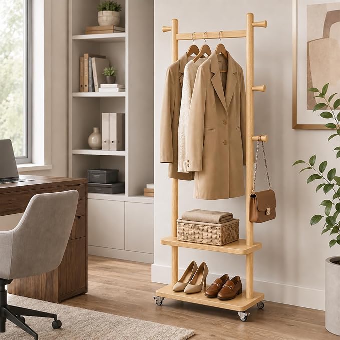 Taitiy Coat Rack Freestanding Solid Wood with Wheels 2 Shelves 5 Hooks | 100% solid rubberwood,hidden 360° silent wheels,2 tier shelves,5 hooks,small clothing rack,entryway bedroom living room