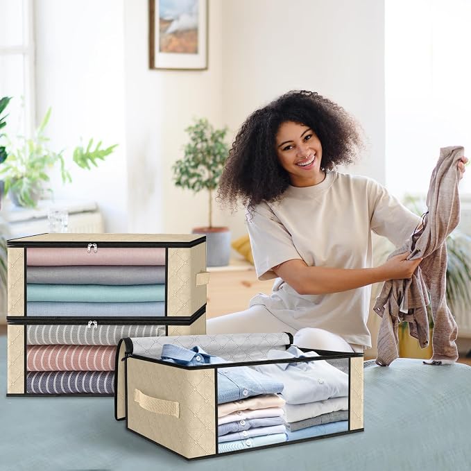 HomeHacks 3-Pack Clothes Organizer Storage Bags, 35L Storage Bins, Beige | Foldable Storage Box Container with Zippers, Clear Window, Reinforced Handles for Closet, Dorm, Pillows, Bedding, Sweater