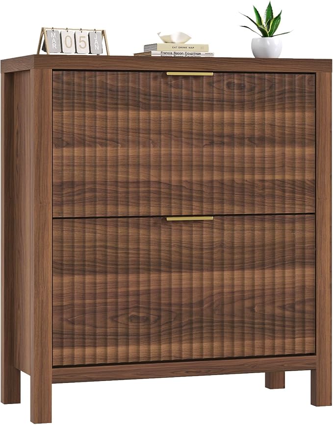 Fluted Shoe Cabinet Storage with 2 Flip Drawers for Entryway, Hallway | Narrow Shoe Rack Freestanding Shoe Organizer with Legs for Entryway,Hallway, Walnut