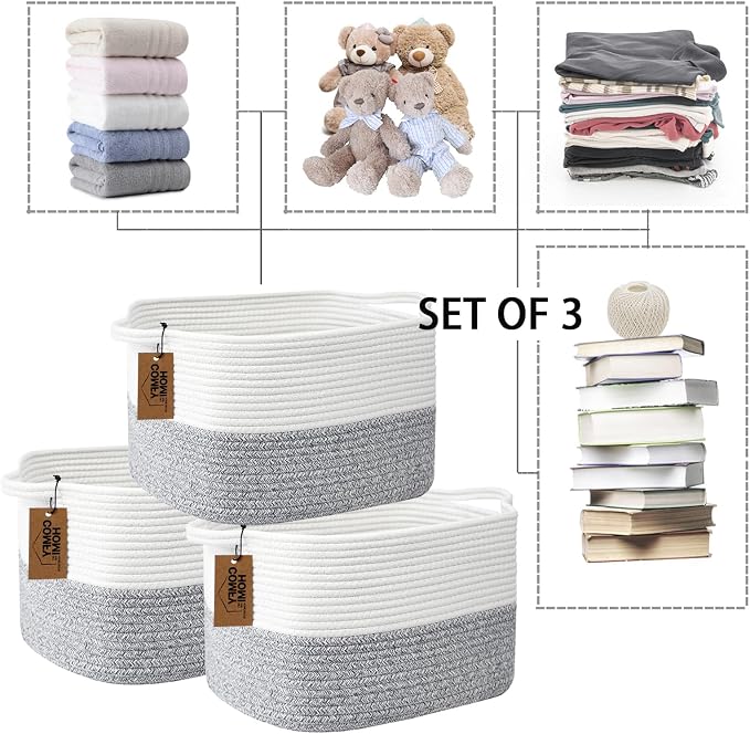 COMFY-HOMI 3Pack Small Woven Cotton Rope Basket for Organizing, Gift Baskets for Handles, Empty Gift Baskets, Medium Rope Basket|13.5" x 11" x 9.5" home decor for Living Room, Bathroom