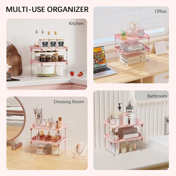 STARLATTA 2 Pcs Cabinet Organizer Shelf,Stackable Kitchen Counter Shelves, Spice Rack,Countertop Organizers,Pink Plastic Storage Shelves Rack for Makeup,Bathroom, Cupboard,Desk,Pantry Organization
