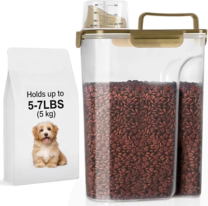 LEAWALK 5-7Lbs Dog Cat Food Storage Container with Upgraded Large Nozzle BPA-free, 4 Snap Seals Plastic Pet Food Storage Containers with Handles (Clear Brown, 5L-1pack)