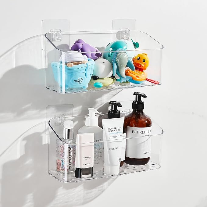 Bath Toy Storage Holder for Bathtub, Clear Bath Toy Organizer Large Capacity Bathtub Toy Storage Shower Caddy for Bathroom (2 Large) | BPA-Free Material, Quick Drainage, Adhesive Wall Mount, Clear Visibility