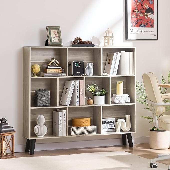 LEYAOYAO 10 Cube Bookshelf,Mid-Century Modern Bookcase with Legs,Retro Grey | 3 Tier Book Shelf,Rustic Wood Bookshelves Freestanding Large Storage Organizer, Open Shelves for Bedroom, Living Room, Office